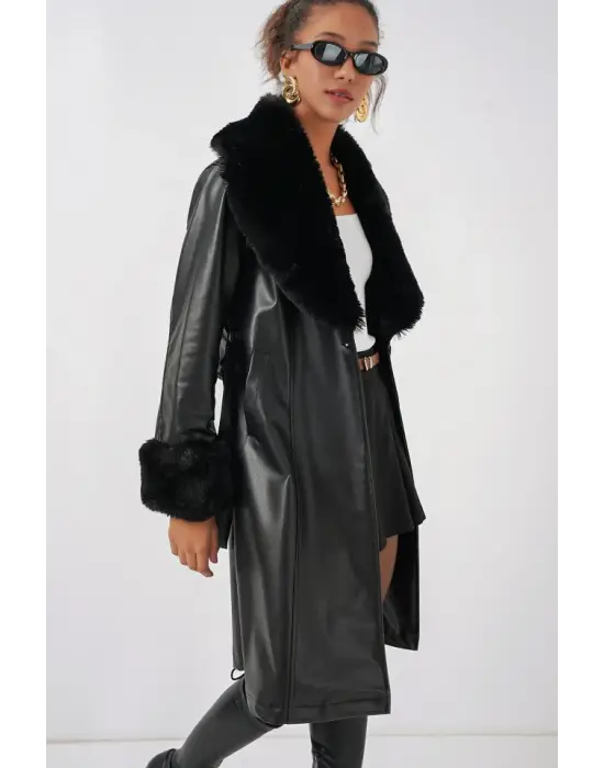 1045 Kürklü Suni Deri Kaban - Siyah