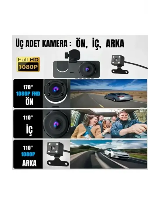 1080p Full Hd Çözünürlüklü Üç Kameralı Araç İçi Kamera - Park Ve Sürüş Güvenliği