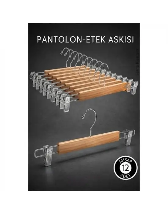 12 Adet Ahşap Pantolon Etek Askısı - Ayarlanabilir Gümüş Mandallı 36cm Organizer Set