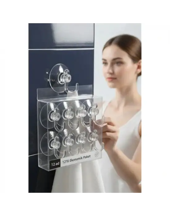 12li Şeffaf Askılı Vantuz Kanca | Banyo & Mutfak Duvar Askısı (4cm) - 1.36kg Taşıma