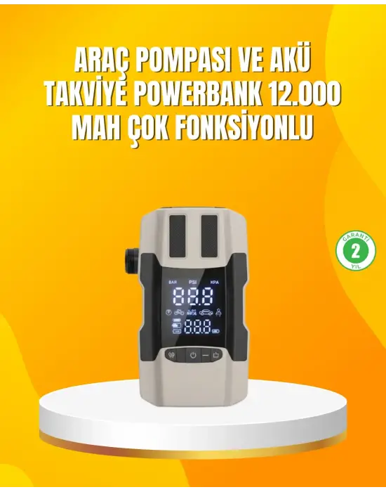 12.000 Mah Akü Takviye Powerbank Dahili Hava Pompalı Dijital Ekranlı