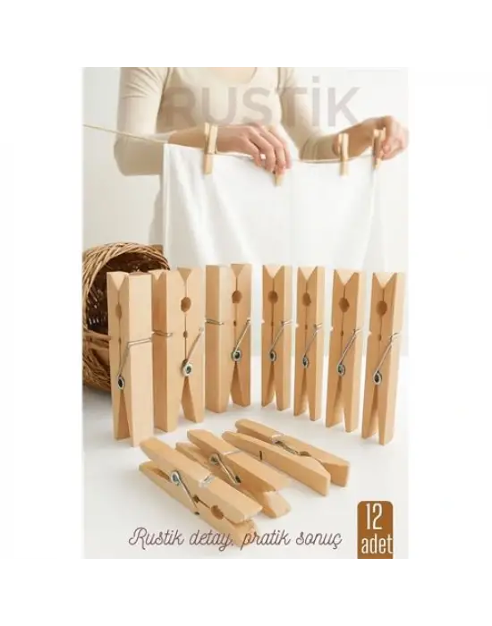 12’li Ahşap Mandal Seti – Doğal Görünümlü, Çok Amaçlı, Dayanıklı Yaylı Tasarım