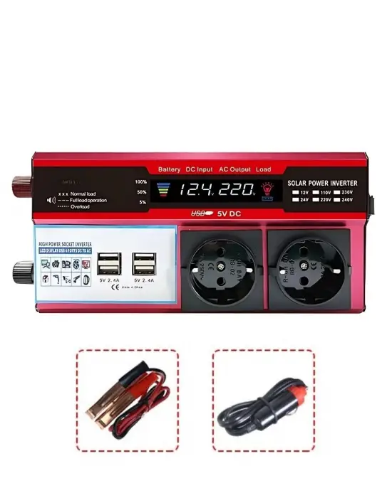 12v 2000w Modifiye Sinus İnverter Araç Ve Güneş Enerjisi Uyumlu, Çift Usb, Çift Priz Ve Çakmaklık