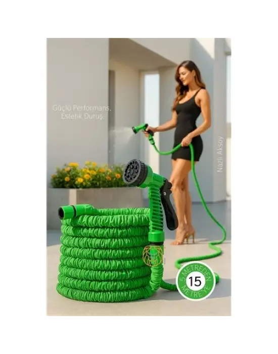 15 Metre Premium Uzayabilen Bahçe Hortumu - 7 Fonksiyonlu Başlık ve Esnek Tasarım