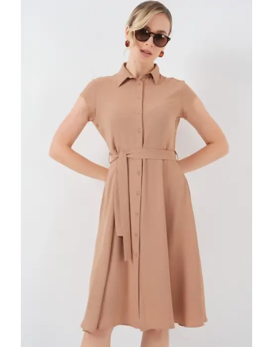 1677 Boydan Düğmeli Kuşaklı Elbise - Bisküvi