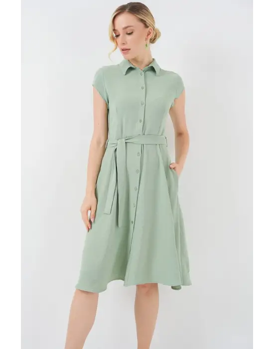 1677 Boydan Düğmeli Kuşaklı Elbise - E.Yeşil