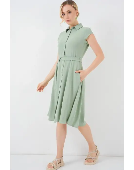 1677 Boydan Düğmeli Kuşaklı Elbise - E.Yeşil