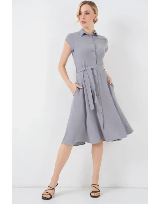 1677 Boydan Düğmeli Kuşaklı Elbise - Gri