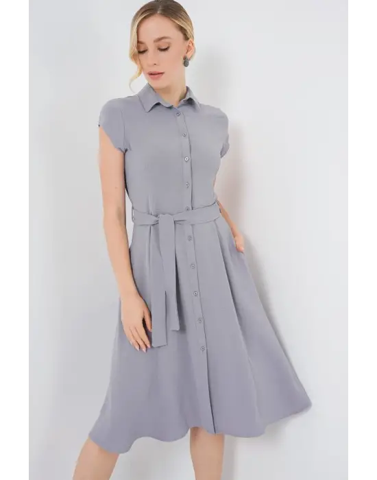 1677 Boydan Düğmeli Kuşaklı Elbise - Gri