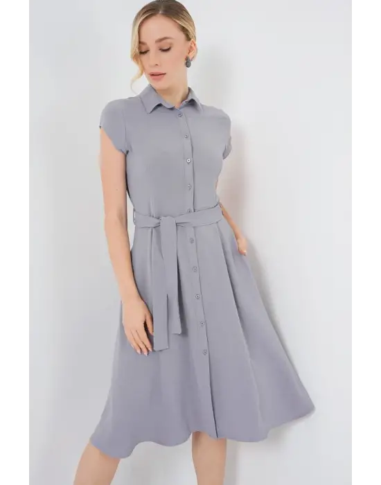 1677 Boydan Düğmeli Kuşaklı Elbise - Gri