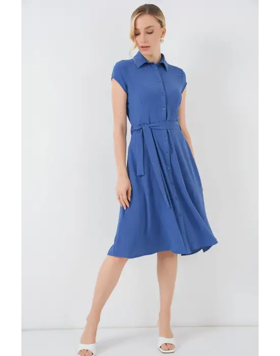 1677 Boydan Düğmeli Kuşaklı Elbise - İndigo