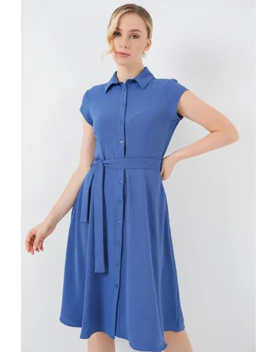 1677 Boydan Düğmeli Kuşaklı Elbise - İndigo