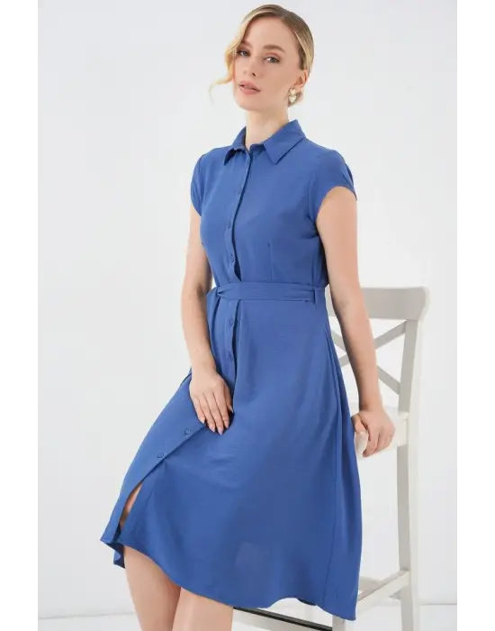 1677 Boydan Düğmeli Kuşaklı Elbise - İndigo