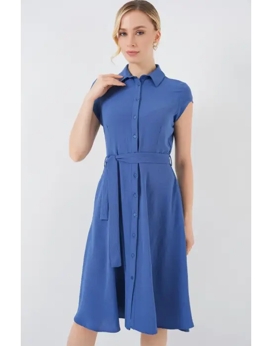 1677 Boydan Düğmeli Kuşaklı Elbise - İndigo