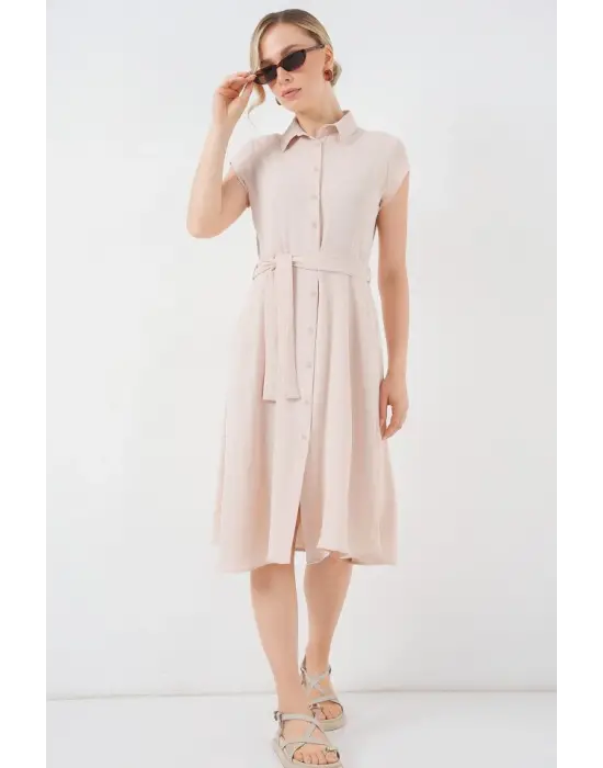 1677 Boydan Düğmeli Kuşaklı Elbise - Krem