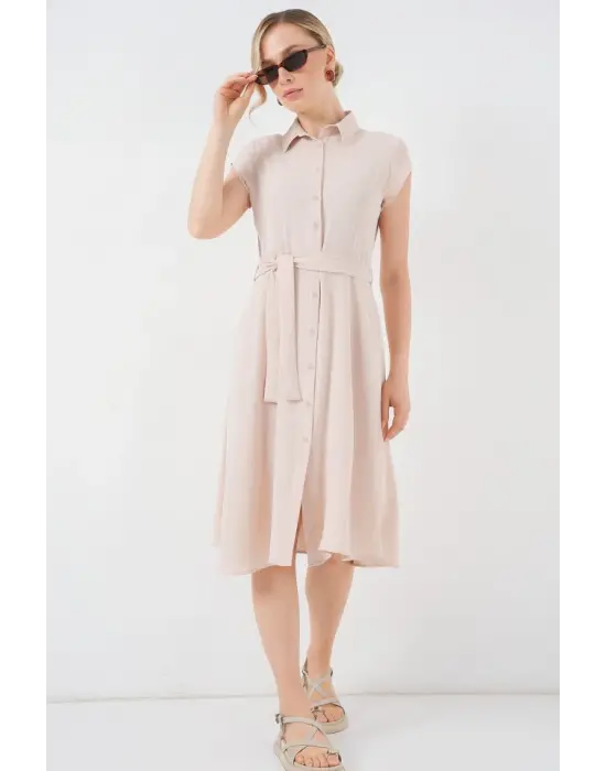 1677 Boydan Düğmeli Kuşaklı Elbise - Krem