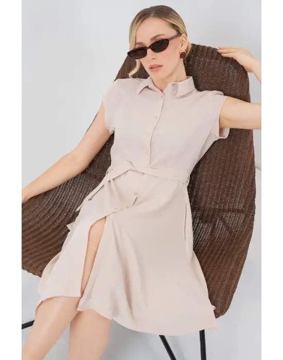 1677 Boydan Düğmeli Kuşaklı Elbise - Krem