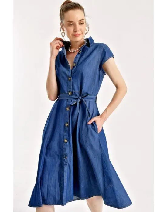 1677 Boydan Düğmeli Kuşaklı Kot Elbise - Lacivert