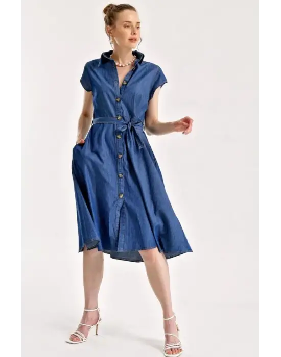 1677 Boydan Düğmeli Kuşaklı Kot Elbise - Lacivert