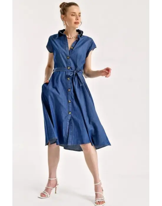 1677 Boydan Düğmeli Kuşaklı Kot Elbise - Lacivert