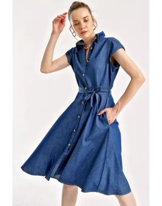 1677 Boydan Düğmeli Kuşaklı Kot Elbise - Lacivert