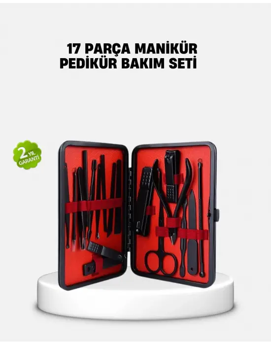 17 Parça Profesyonel Manikür Pedikür Seti Paslanmaz Çelik Siyah Kutu