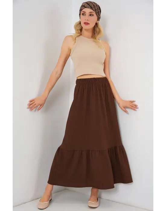 1886 Uzun Örme Etek - Kahverengi