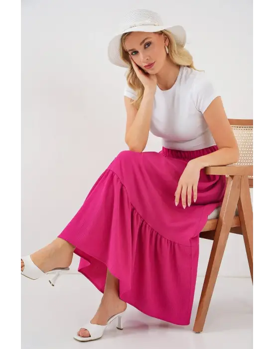 1886 Uzun Örme Etek - Koyu Pembe