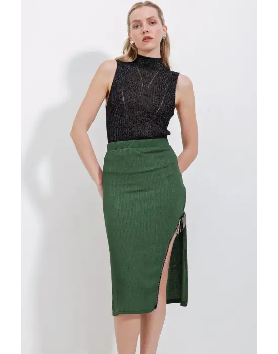 1890 Zincir Detaylı Etek - Zümrüt Yeşili