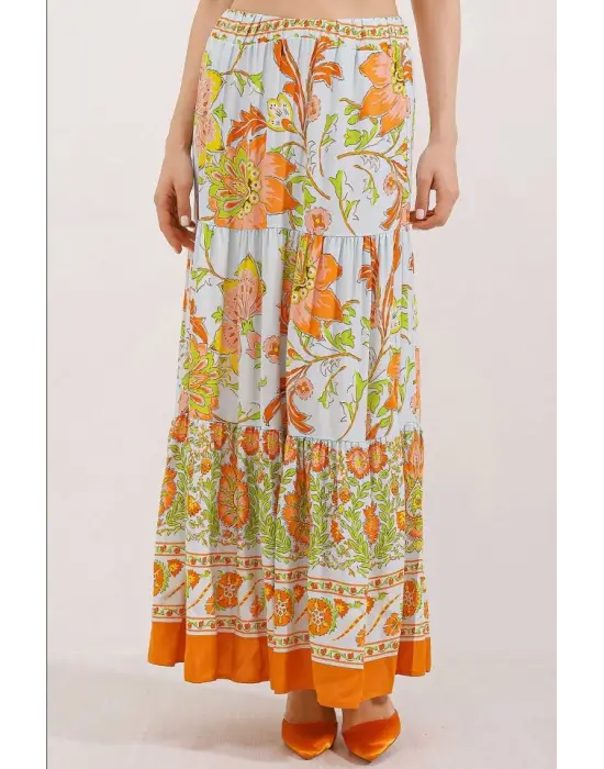 1898 Desenli Uzun Etek - Turuncu