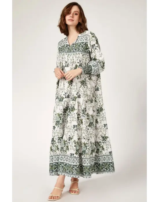 1947 Desenli Uzun Elbise - Haki