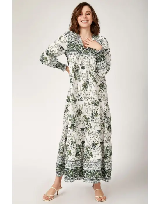 1947 Desenli Uzun Elbise - Haki