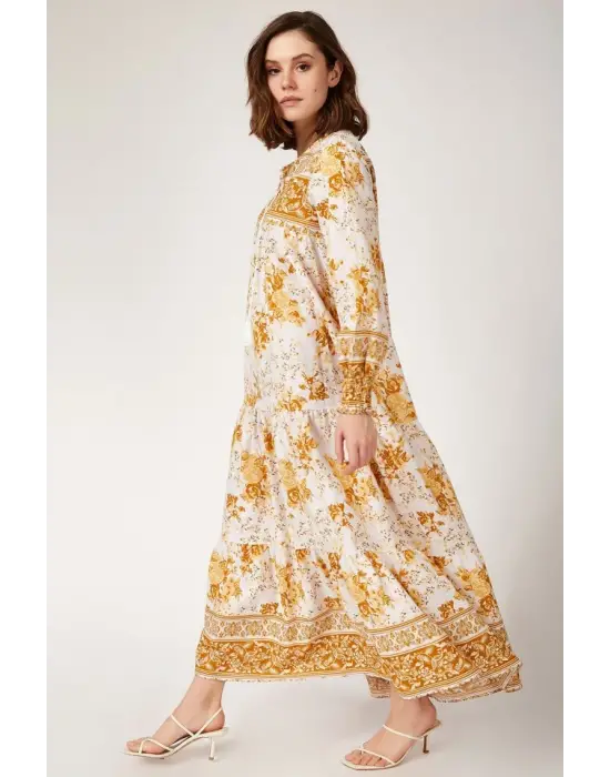 1947 Desenli Uzun Elbise - Hardal