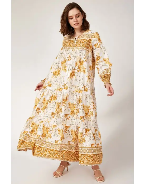 1947 Desenli Uzun Elbise - Hardal