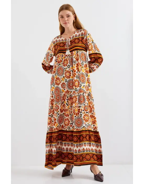 1947 Desenli Uzun Elbise - T. Kahverengi