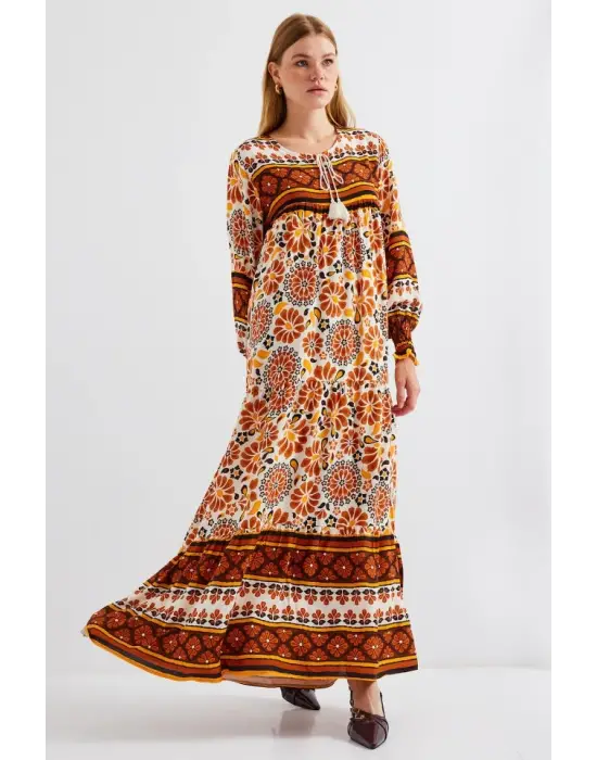 1947 Desenli Uzun Elbise - T. Kahverengi