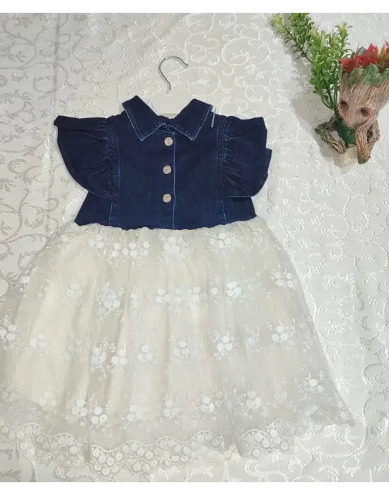 Modern Brode Etekli Çocuk Elbisesi Mavi