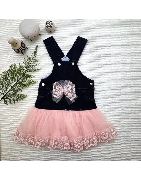 Zarif Tül Etek Kot Kumaş Salopet Kız Çocuk Elbisesi