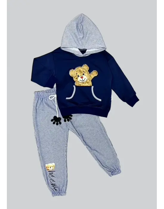 Modern Ayı Desenli Kapşonlu Erkek Çocuk Takımı