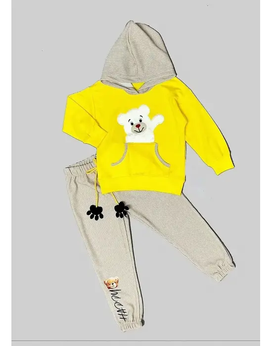 Çocuk Takımı Sarı Pelüş Ayı Desenli Uzun Kollu Sweat