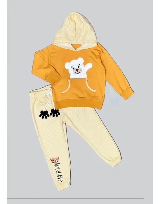 Sofistike Ayı Desenli Kapşonlu Penye Sweat Erkek Çocuk Takımı