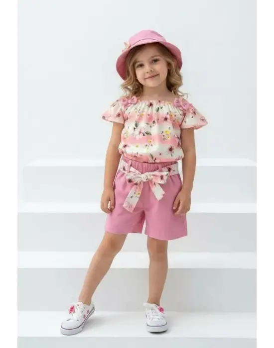 2/5 Yaş Şapkalı Çiçek Baskılı Şortlu Çocuk Takımı