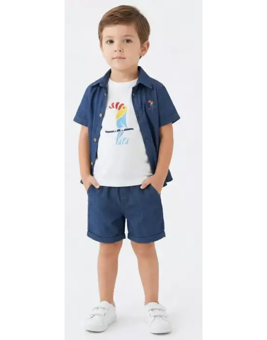 2/6 Yaş Denim Gömlek Şortlu 3lü Çocuk Takımı