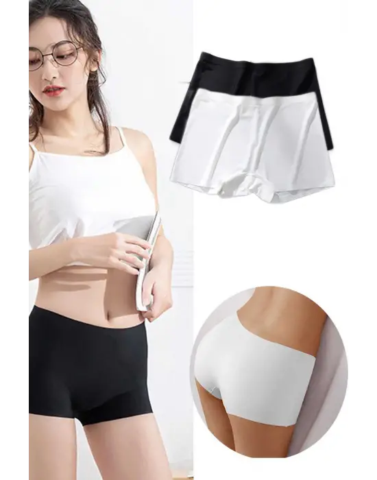 2 Adet Kadın Dikişsiz Görünmez İz Yapmaz Mini Şort Boxer Siyah Beyaz