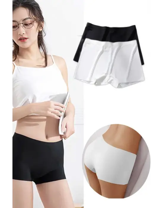 2 Adet Kadın Dikişsiz Görünmez İz Yapmaz Mini Şort Boxer Siyah Beyaz