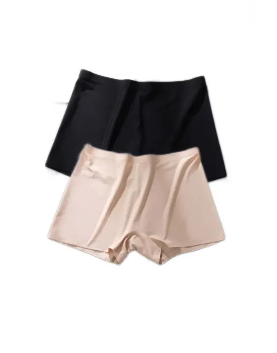 2 Adet Kadın Dikişsiz Görünmez İz Yapmaz Mini Şort Boxer Siyah Ten
