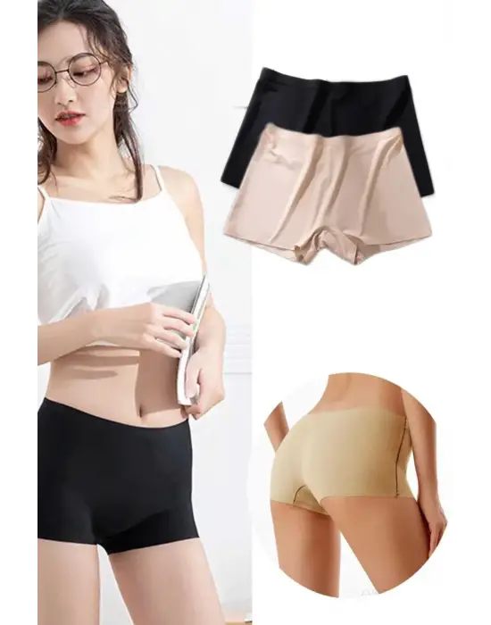 2 Adet Kadın Dikişsiz Görünmez İz Yapmaz Mini Şort Boxer Siyah Ten