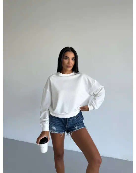 2 iplik bisiklet yaka sweat beyaz f2339