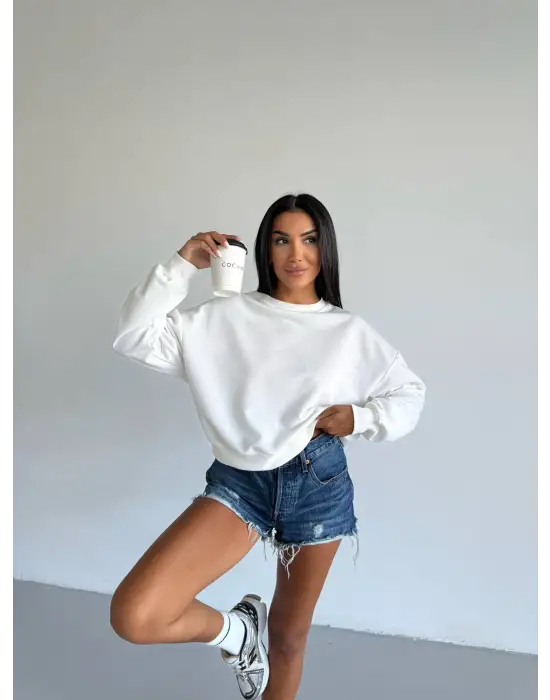 2 iplik bisiklet yaka sweat beyaz f2339