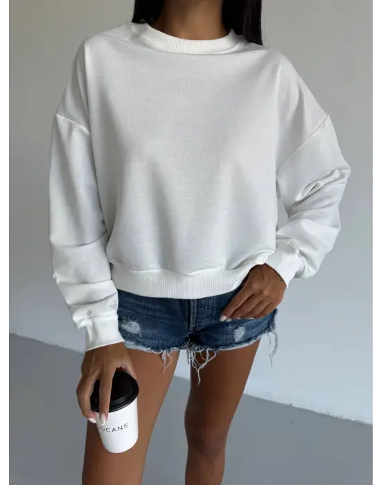 2 iplik bisiklet yaka sweat beyaz f2339